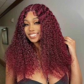 Julia Affordable 99J Burgundy Curly Lace Wig Lace Closure Human Hair Wigs Pre-Plucked Natural Hairline Flash Sale