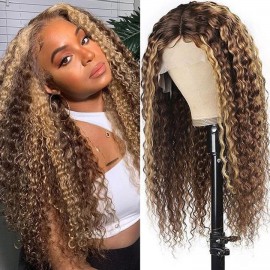 Honey Blonde Ombre Color 13*4 Lace Front Wigs Highlight 150% Density Invisible Pre Plucked Curly Wig