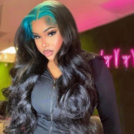 Julia Loose Wave Jade Green Root Ombre 13X4 Lace Front Wig Chic Patch Colored Human Hair Wigs 150% Density