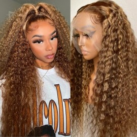 Julia Affordable Honey Blonde Highlights 13X4 Lace Front Wig 150% Density Jerry Curly Transparent Lace Human Hair Wigs