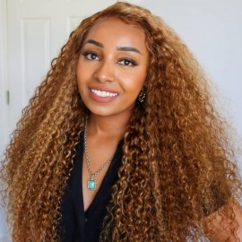 Julia Affordable Honey Blonde Highlights 13X4 Lace Front Wig 150% Density Jerry Curly Transparent Lace Human Hair Wigs