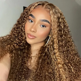 Julia Highlight Brown Curly 4X4 Lace Closure Wigs Honey Blonde Highlight Human Hair 150% Density