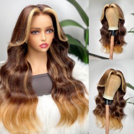 Julia Long Body Wave Wolf Cut Highlights Bangs Lace Front Wave Wigs Dark Brown With Blonde End Ombre Human Hair Wigs