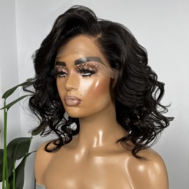 Julia Side Part Loose Wave Bob Wigs With Swept Bangs Natural Black Shoulder Length Wigs
