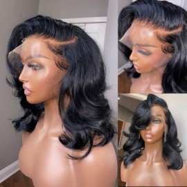 Julia Side Part Loose Wave Bob Wigs With Swept Bangs Natural Black Shoulder Length Wigs