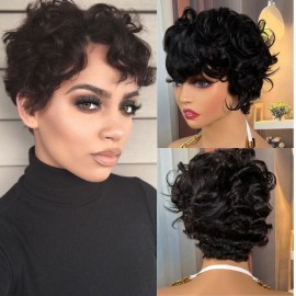 Julia Chic Curly Natural Black Glueless Short Wig with Side Swept Bangs for Women