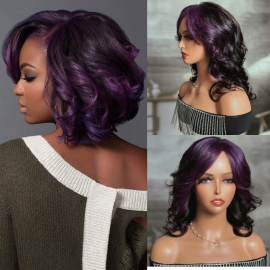 Julia Glueless Purple Skunk Stripe Wolf Cut Wig Purple To Black Color Highlight Wig With Bangs For Women