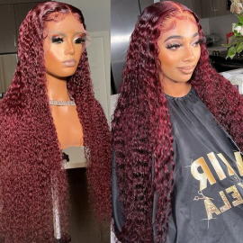 Julia Hair Jerry Curly Colored 99J Burgundy Wigs Pre Plucked Middle Lace Part Human Hair Wigs Red Wine Wigs
