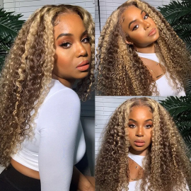 Julia Hair Affordable Honey Blonde Highlights 13X4 Lace Front Wig 150% Density Jerry Curly Transparent Lace Human Hair Wigs