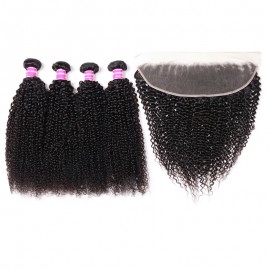Julia Kinky Curly Human Hair Weaves 4 Bundles With Frontal Free Part Kinky Curly 13x4 Frontal