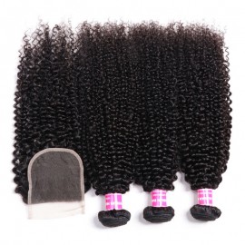 Julia 3 Bundles Kinky Curly Human Hair Weaves With 4x4 Lace Closure