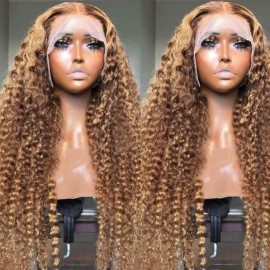 Julia Hair Kinky Curly Honey Blonde Sun Kissed Highlights Pre Plucked 13X4 Lace Frontal Wigs 100% Virgin Human Hair Wigs