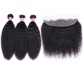 Julia 100% Real Human Hair Kinky Straight Bundles 3 Pieces With Lace Frontal