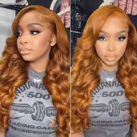 16 Inch Honey Brown Body Wave Transparent Lace Front Wigs Get 10 Inch Bouncy Curly Free Wig