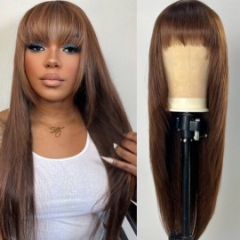 Julia Hair Mocha Medium Brown Hair Straight Layer Hair Cut Glueless Human Hair Wigs With Bangs Flash Sale