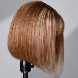 Julia Hair 4x0.75 Lace Part Honey Blonde Highlights Wolf Cut Straight Bob Wig With Bangs