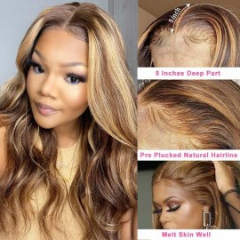 Julia Brown Color With Blonde Highlights 13X5X0.5 T Part Lace 150% Density Body Wave Wig