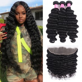 Julia 3 Bundles Loose Deep Human Hair With Lace Frontal Best Human Hair Extension Loose Deep Hair