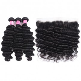 Julia 3 Piece Loose Deep Human Hair Bundles With 13x4 Lace Frontal Natural Color