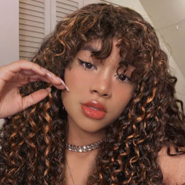 Julia Honey Blonde Deep Wave Wig Highlight Auburn Brown Color Deep Curly Wave Short Human Hair Wigs With Bangs