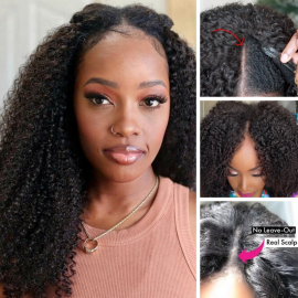 Julia Beginner Friendly Kinky Curly V Part Wigs No Leave Out Natural Scalp Protective Upgrade Glueless Human Hair Wigs