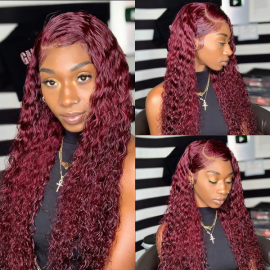 Julia Burgundy Color Curly Wigs 150% Density Pre Plucked Lace Part Wigs Flash Sale
