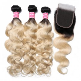 Julia 3 Bundles 1B/613 Color Ombre Body Wave Hair With 4x4 Closure 100% Human Hair Ombre Bundles