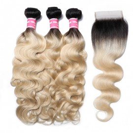 Julia 3 Bundles 1B/613 Color Ombre Body Wave Hair With 4x4 Closure 100% Human Hair Ombre Bundles