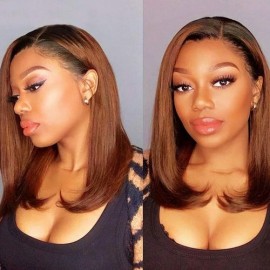 Julia Straight Bob Wig Ombre Brown Human Hair Wig With Black Roots Middle Part Lace Part Wig