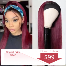 Julia Hair 99J Burgundy Color Straight Headband Wig Glueless Yaki Straight Human Hair Wigs Clearance Sale