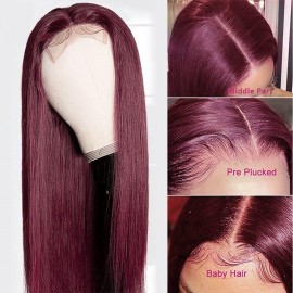 Julia Hair Colored 99J Burgundy Wigs Pre Plucked Transparent Middle Lace Part Straight Wig 13x4 Lace Frontal Human Hair Glueless Red Wine Wigs
