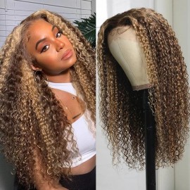 Julia Hair Honey Blonde Lace Front Wigs 150% Density Ombre Color Highlight 13X4 Lace Front 13X5 T-part Curly Wig for Women Invisible Pre Plucked