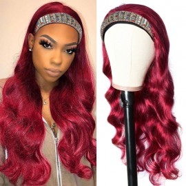 Julia Burgundy Color Human Hair Headband Wigs Body Wave Scarf Wigs 99J Colored Wigs With Headband