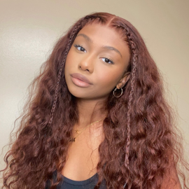 Julia Hair Reddish Brown Human Hair Big Curly Wigs Dark Auburn Colored Water Wave Transparent Lace Front Wigs 150% Density