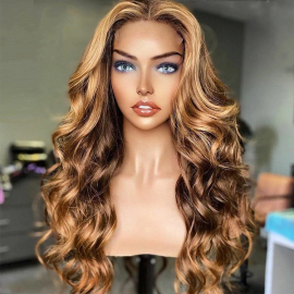 Julia Hair Affordable Honey Blonde Highlights 13X4 Lace Front Wig 150% Density Body Wave Transparent Lace Human Hair Wigs