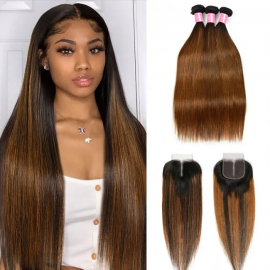 Julia 3 Bundles Brown Balayage Highlights Straight Human Hair With Ombre Color 4x4 Lace Closure