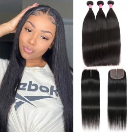 Julia Hair Straight Wave Human Hair Bundles with T Part Lace Closure Unprocessed Weave Hair