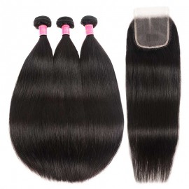 Julia Straight Human Hair 3 Bundles With 4x4 Transparent Lace Closure