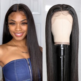 Julia Malaysian Human Hair T Part Wigs Straight Wave Pre Plucked Hairline 150% Density