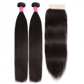 Julia Straight Human Hair 2 Bundles With Closure Natural Color Customized 4x4 Lace Human Hair Wigs 200% Density