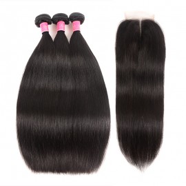 Julia Straight Weaves Human Hair 3 Bundles With Transparent 4x4 Lace Closure