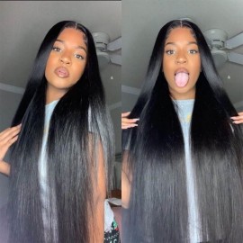 Julia 18 To 40 Inch Long 5x5 HD Undetectable Invisible Lace Glueless Wigs 180% Hair Density Pre Plucked Lace Closure Straight Wave Human Hair Wigs