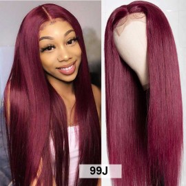 Julia Hair Colored 99J Burgundy Wigs Pre Plucked Transparent Middle Lace Part Straight Wig 13x4 Lace Frontal Human Hair Glueless Red Wine Wigs