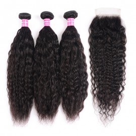 Julia 3 Pieces Super Wave Human Hair Weaves With 4x4 Lace Closure Natural Color