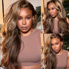 Julia Hair Kinky Straight Honey Blonde Highlight Colored Wig Pre Plucked Lace Frontal Wigs 100% Virgin Human Hair Wigs