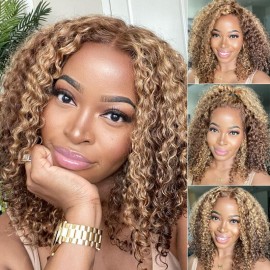 Julia Hair Affordable 4x4 / 13x4 Lace Honey Blonde Ombre Color Highlight 150% Density Invisible Pre Plucked Curly Wig For Flash Sale