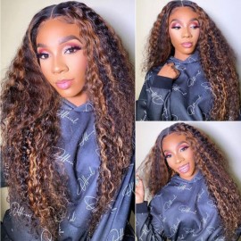 Julia Highlights Bench Wave Lace Front Wigs Copper Balayage Crimps 150% Density Human Hair Wigs