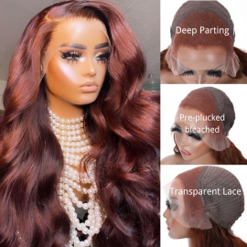 Julia Hair Affordable Brownish Red Human Hair Body Wave Wigs 13X4 Colored Transparent Lace Front Wigs 150% Density