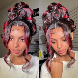 Julia Hair Black with Red & Blonde Highlights 13x4 Lace Front Multi Color Highlights Loose Wave Human Hair Wig Flash Sale