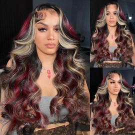 Julia Hair Black with Red & Blonde Highlights 13x4 Lace Front Multi Color Highlights Loose Wave Human Hair Wig Flash Sale